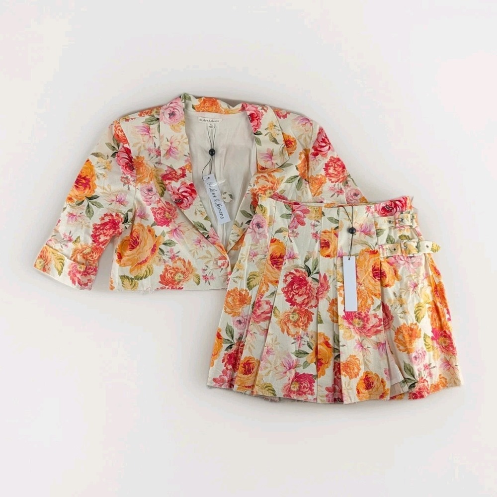 For Love & Lemons Floral Blazer Skirt Set S Yellow Pink Raw Hem NWT‎